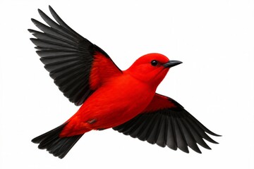 Fototapeta premium Red bird flying with wings spread on white background