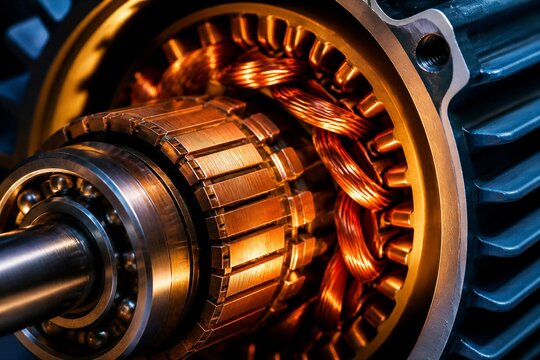 Electric motor rotor showing copper coils inside housing