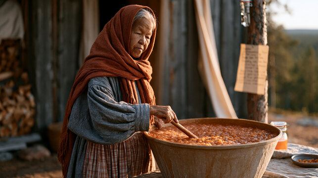 Sami woman in a quiet rural homestead stirs a large vat of fermenting cloudberry wine on an outdoor table in summer light, glass airlock visible, handwritten fermentation notes