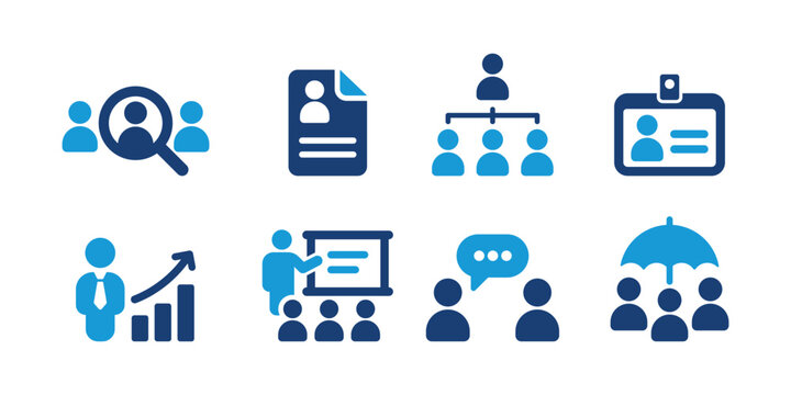 Human Resources Icons Vector Set &ndash; Flat Recruitment, Resume, Organization Chart, Employee ID, Career Growth, Training, Team Communication and Workforce Management Icons