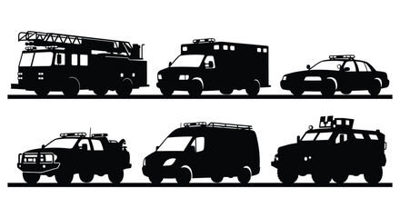 Emergency Vehicle Silhouettes On White Background Black And White Design © MBHM Studio