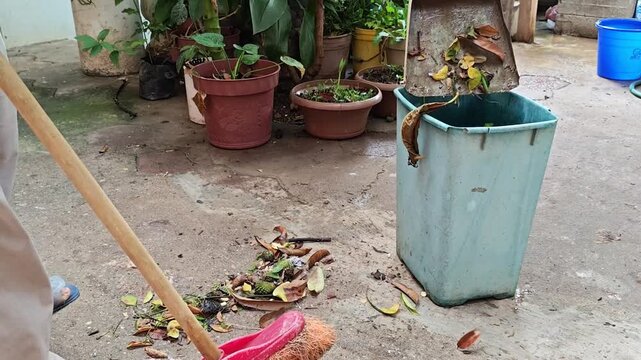 Gathering dry leaves and soursop waste into a compost bin