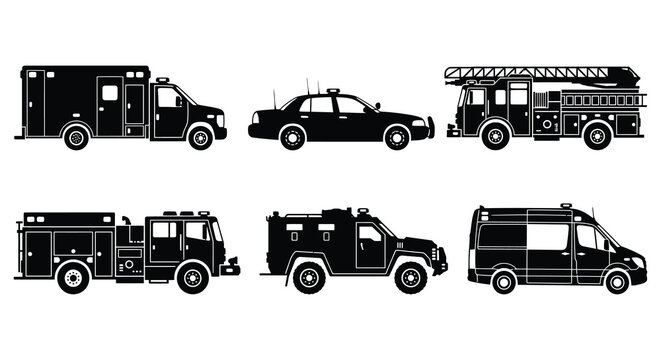 Emergency Vehicle Silhouettes On White Background ambulance