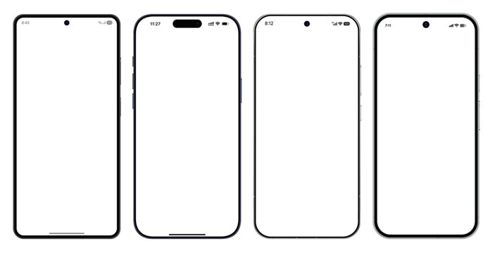 Vector illustration of generic OneUI, iOS, HyperOS and Android 16 mobile phones front view.	