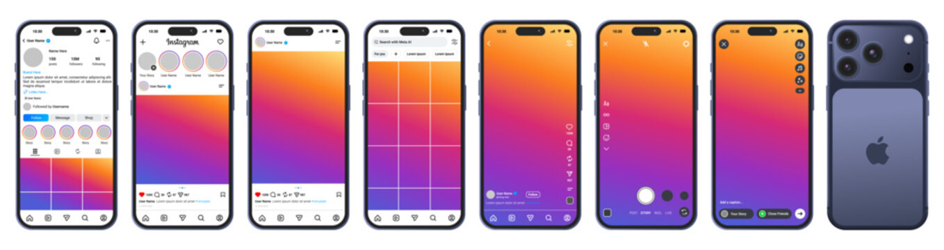 Instagram Social Media UI UX Template Kit for iPhone 17 Pro Smartphone Mobile, App Interface Image Placeholder, Feed, Story, Reel, Post Screen, Mockup Vector Transparent Content Section