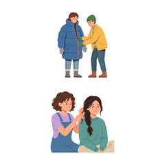 Fototapeta premium Friends Helping Each Other With Winter Clothing And Styling Braided Hair Styles