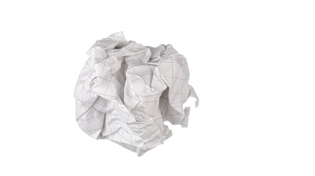 Crumpled white graph paper ball isolated on white background. Wrinkled technical notebook grid sheet wad with realistic shadows for creative crisis, business brainstorming and trash concepts