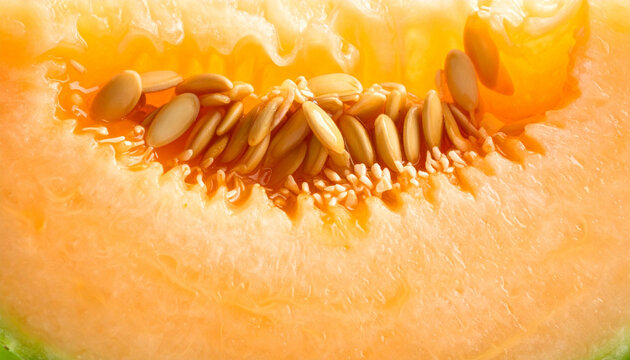 A detailed close-up shot of a ripe cantaloupe melon slice, highlighting the vibrant orange textured flesh and the dense cluster of seeds nestled in the center of the juicy summer fruit harvest.