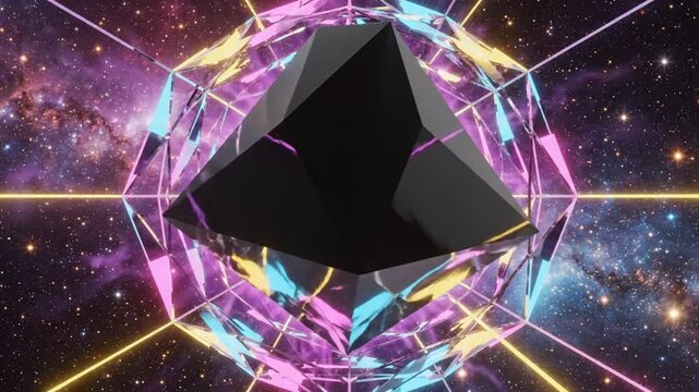 Futuristic abstract glowing pyramid encased in a crystal sphere against a nebula background