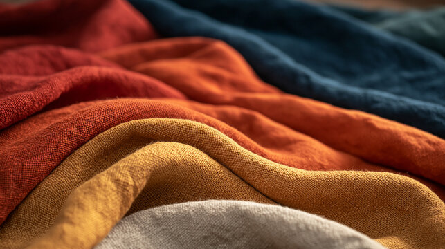 Natural dyed linen fabric folds with indigo, madder and turmeric stains
