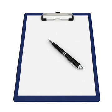 Blue clipboard with pen and blank paper