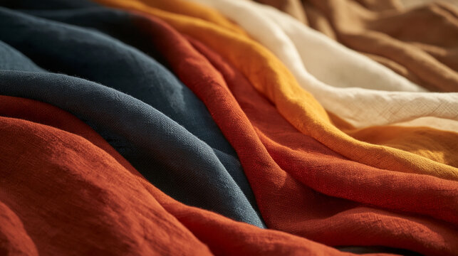 Colorful hand-dyed linen fabric folds in indigo, terracotta and cream