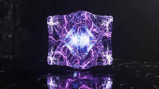 Mysterious energy cube with purple electric currents and a bright central core floating in a dark environment