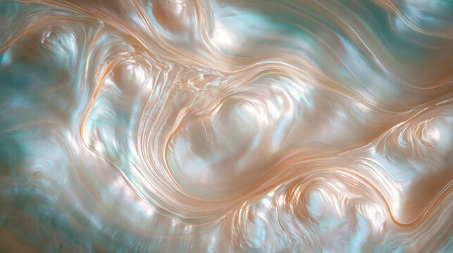 Dreamy iridescent nacre waves on mother-of-pearl shell macro