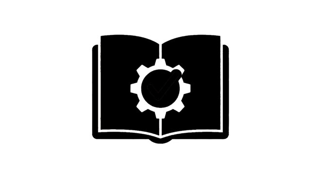 Minimal black silhouette icon, simple flat vector, bold black shape, no gradients, no shading open book icon with a gear and check mark symbol on a, flat icon style