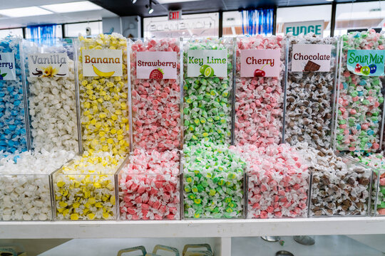 Different Flavors of Salt Water Taffy for Sale at the Virginia Beach Oceanfront in a Shop