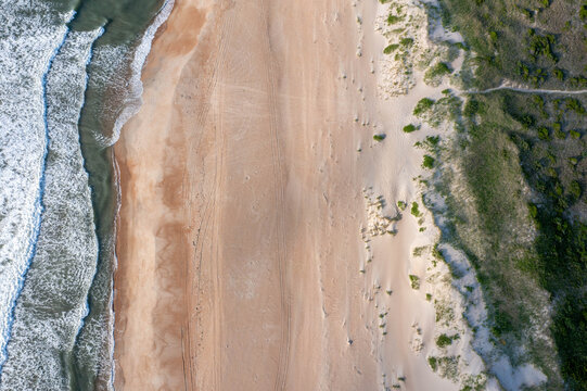Aerial View Top Down of the Beach Atlantic Ocean and Dunes on Hatteras Island North Carolina
