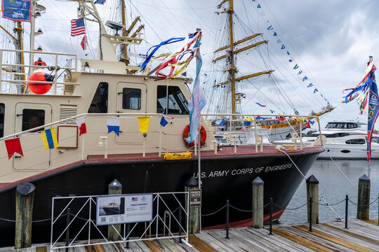 Norfolk Virginia - June 19 2026: Army Corps of Engineers Survey Boat Adams II Docked in Norfolk Virginia During Harborfest