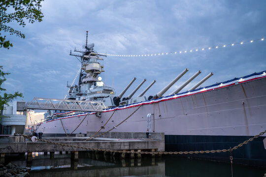 The USS Wisconsin in Norfolk Virginia Wrapped in a Red White and Blue Banner at Nauticus