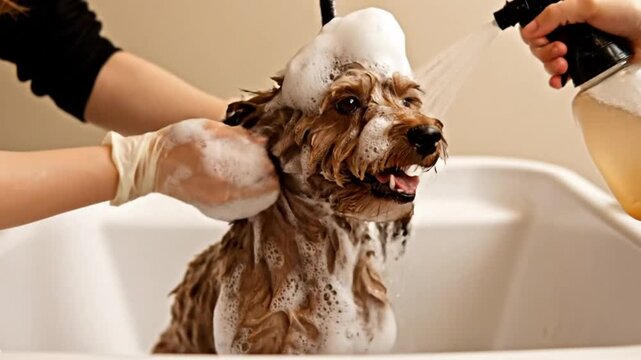 Happy brown dog in a bathtub being rinsed after having a bubble bath with a smiling expression, pet grooming