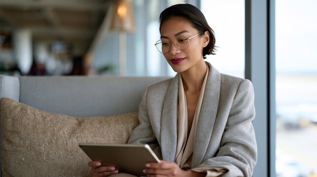 Philippine executive consults a coaching platform one-on-one session on an airport lounge tablet, session reflection prompts and leadership archetype results organized in a calm