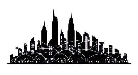 Fototapeta premium Minimal black silhouette icon, simple flat vector, bold black shape, no gradients, no shading city skyline silhouette with network connection nodes and lines on a, flat icon style