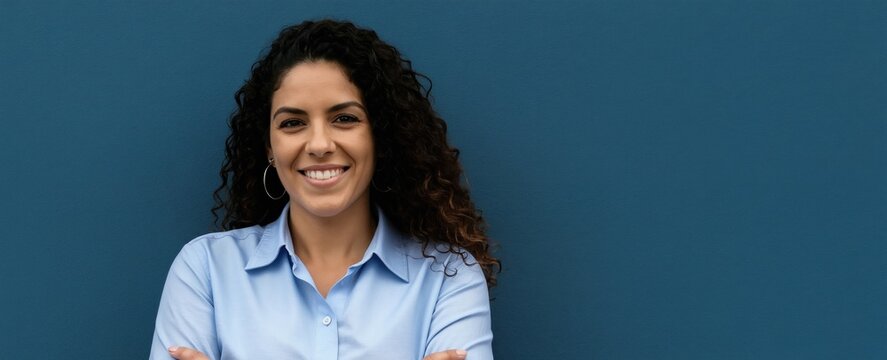 Smiling Hispanic woman with curly hair stands arms crossed in front of blue wall. Wears light blue shirt, looking confident, professional. Portrait conveys success, approachable demeanor for various