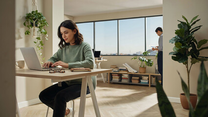 Obraz premium Woman working on laptop at desk in bright home office with houseplants