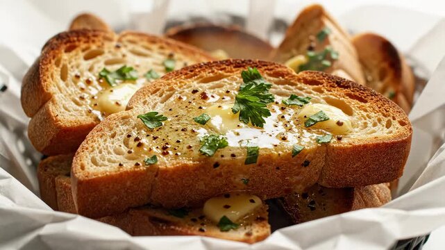 Delicious Garlic Bread Slices with Melted Butter and Fresh Herbs in a Basket ideal for restaurant menus and culinary advertisements.