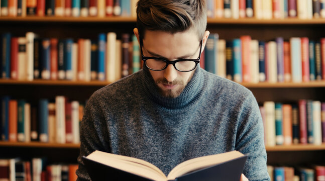 Man with glasses intently reads book in library. Shelves filled with books surround him. He is learning, studying, gaining knowledge and wisdom. Quiet indoor scene.