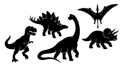 Dinosaurs in Black Silhouette Style with Various Species and a Pterosaur Featuring Prehistoric, Creatures, Stegosaurus © AbuTalib