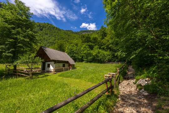 Hiking Through Mostnica Gorge to Slap Mostnice with Green Pastures and Traditional Farmhouses, Slovenia