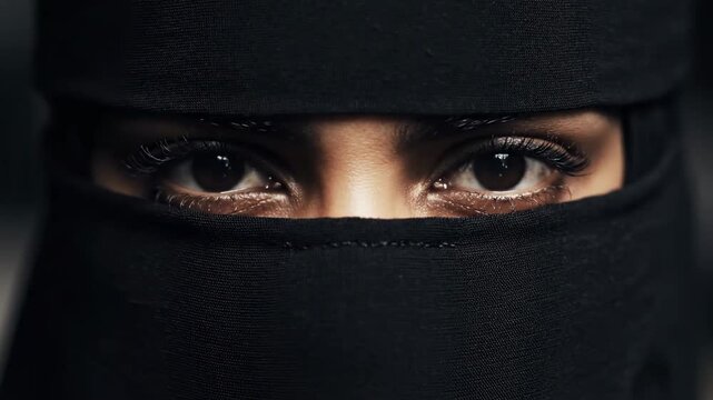 Intense Gaze: Close-up of woman's eyes in black niqab, perfect for cultural or religious themes.