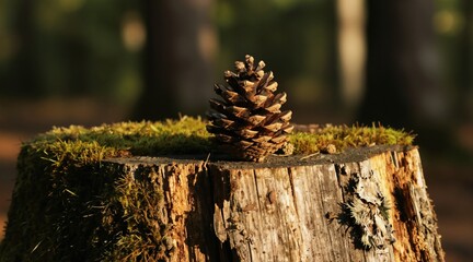 Fototapeta premium Pinecone rests atop mossy tree stump within dense forest. Soft daylight illuminates scene creating tranquil mood. Blurred background adds depth to woodland setting. Natural textures showcase organic