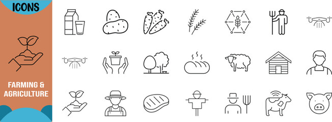 Naklejka premium Farming and agriculture line icons. farmer icon set, plant icon set, potato icon set