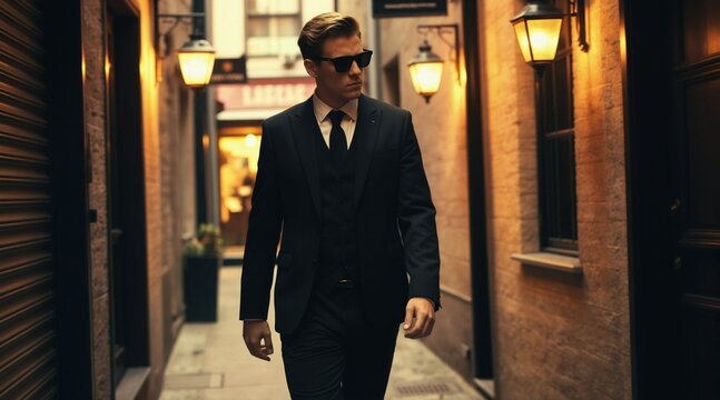Man in black suit and sunglasses walks in a lit city alley at night. He looks to the side with a confident air. The street has old architecture and warm lamps creating dramatic light and shadow.