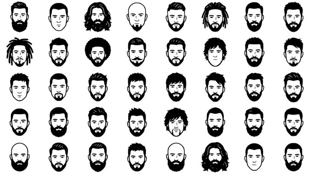 Faces with Various Hairstyles and Beards in a Grid Pattern Featuring Men, Portraits, Illustrations with Vector and Black Elements