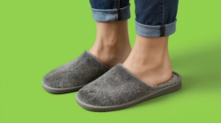 Naklejka premium Person wears soft gray slippers, standing indoors. Comfortable house shoes with blue jeans and rolled cuffs on green background. Cozy, warm footwear.