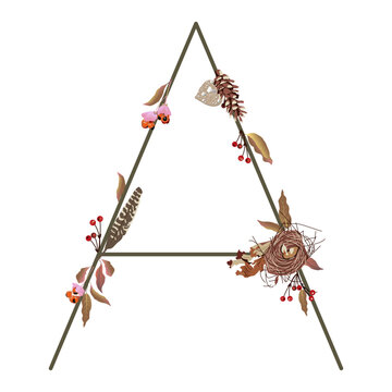 Capital letter A with autumn motifs. Botanical seasonal alphabet. Isolated on white background.