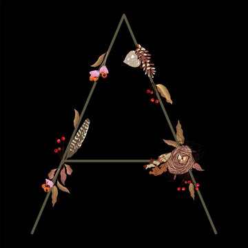 Capital letter A with autumn motifs. Botanical seasonal alphabet. Wildlife fall font. On black background.