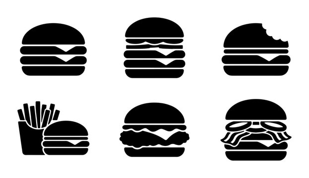 Burger Icons, Fast Food Vector Set: Classic Cheeseburgers, Bacon Burgers, Fries, Bite Mark, Simple Black Graphics