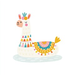 Fototapeta premium Cheerful Whimsical Llama Cartoon with Tribal Patterns - Fun Colorful Animal Illustration for Children's Decor