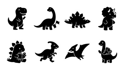 Cute Dinosaur Silhouettes Vector Set: Adorable Prehistoric Creatures for Kids' Designs, Party Decorations, and Educational Materials © Afrin