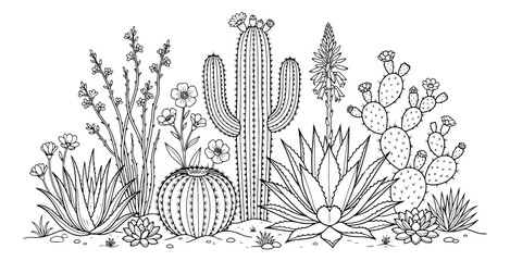 Desert cactus line art illustration, hand drawn succulent garden vector, black and white botanical coloring page with saguaro and agave plants © Rehman