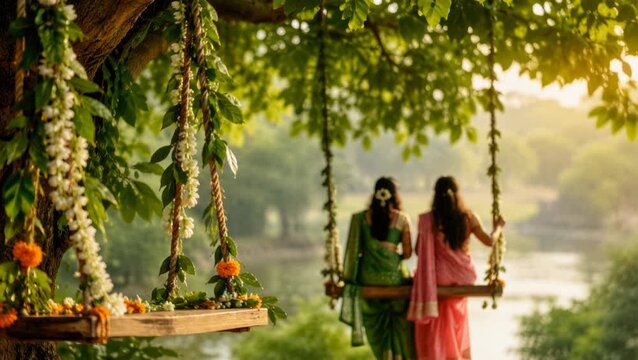 Hariyali Teej scene. Decorated swing and copy space. Women on swing on the background. Warm sunset light filters through the lush green canopy, creating a peaceful scene.