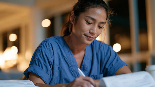 Filipino nurse finishing a night shift, sitting in a hospital break room with payslips from her main job and a weekend tutoring side gig spread before her, comparing income