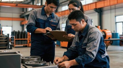 Fototapeta premium Three workers inspect machinery inside large factory. Man examines metal parts colleagues review data on clipboard. Serious expressions convey focus during quality control process. Team collaboration