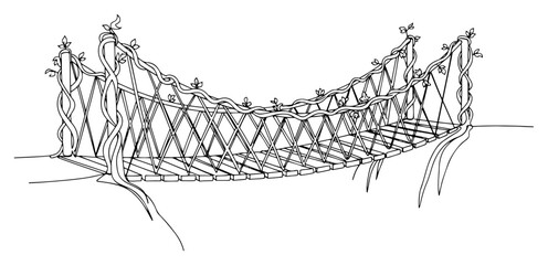Wooden rope bridge with hanging vines and foliage in continuous line art style © AnimalZOO