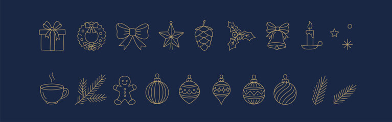 Fototapeta premium Christmas Icons Set with ornament balls, holly, gingerbread man and bow. For greeting cards, banners, stationery and packaging.