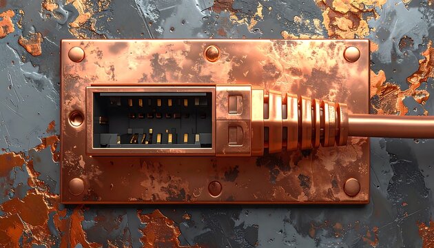 Close-up of network cable connected to a metallic port set in a distressed metal surface